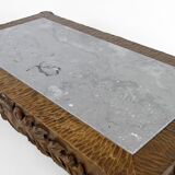 Table basse en chêne massif sculpté de faunes et plateau en marbre gris, France, circa 1940