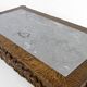 Solid oak coffee table carved with fauns and gray marble top, France, circa 1940