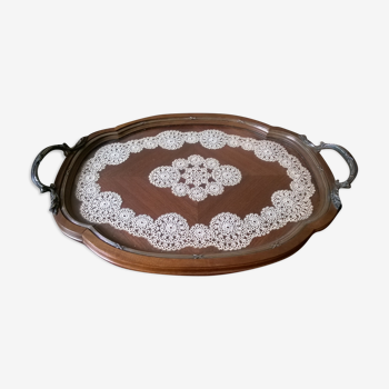 Wooden service tray .glass .brussels lace and solid silver delheid