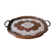 Serving platter in wood, glass, and Brussels lace