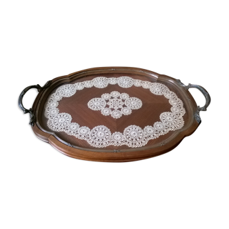 Wooden service tray .glass .brussels lace and solid silver delheid