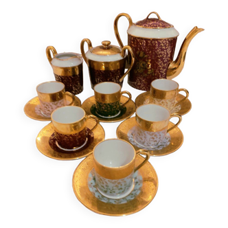 Certified art Limoges porcelain coffee service gilded with fine gold