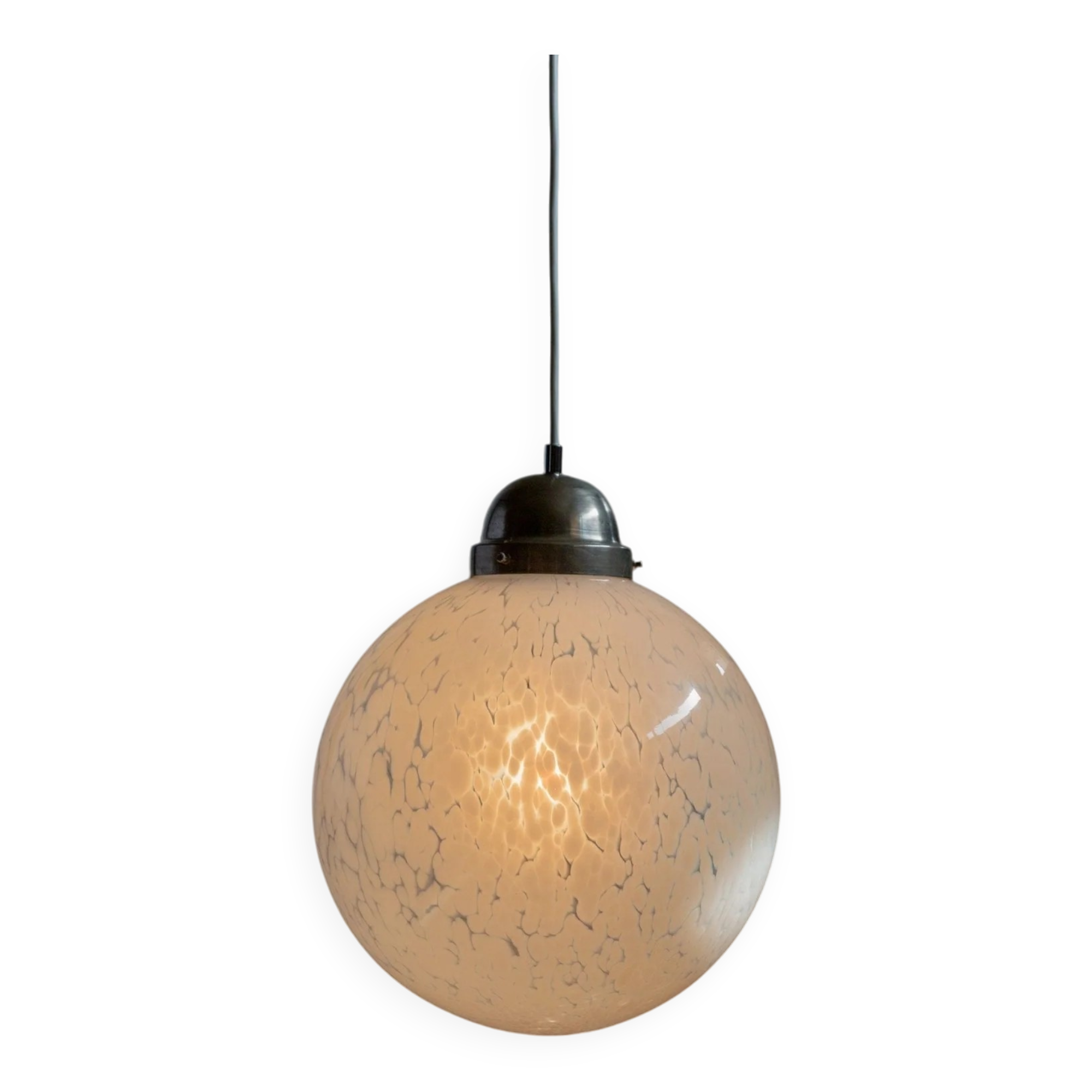 White Murano Glass Globe Pendant Lamp with Chrome Top – 1960s Space-Age, XL Mid-Century Ceiling Light