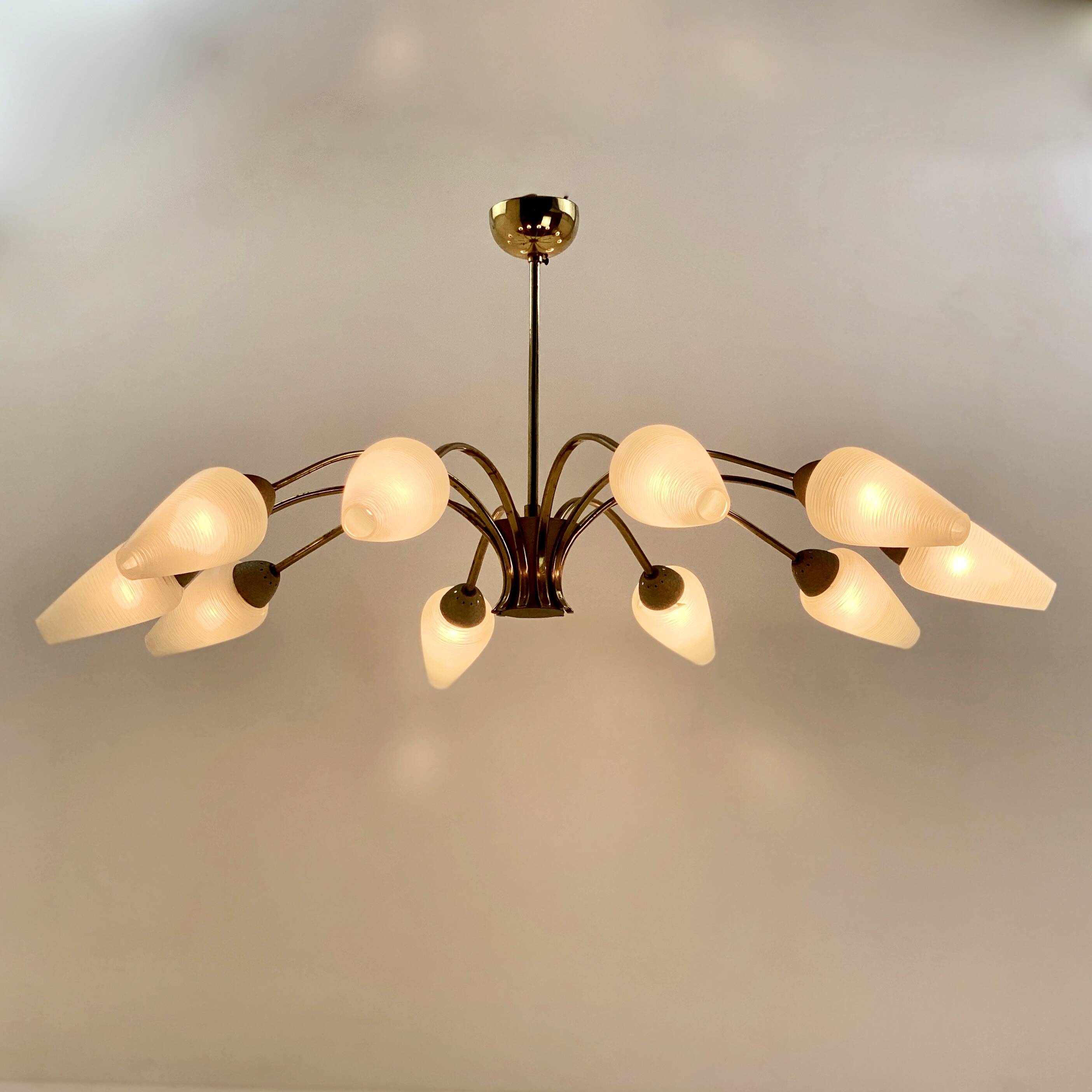 Brass chandelier, textured glass, 1960.