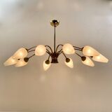 Brass chandelier, textured glass, 1960.