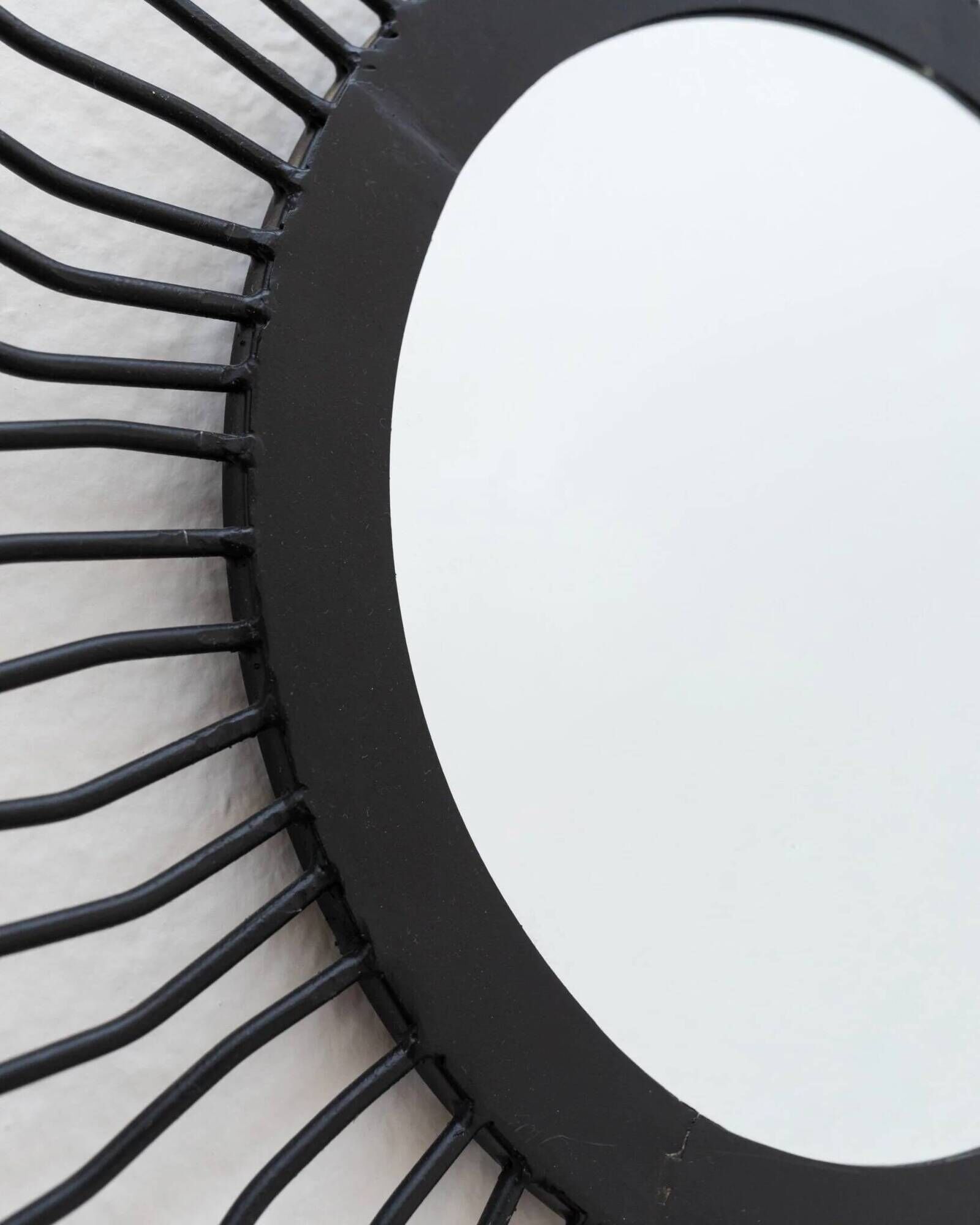 Black metal sunburst wall mirror, round 63x63 cm, vintage 1990s, made in Italy