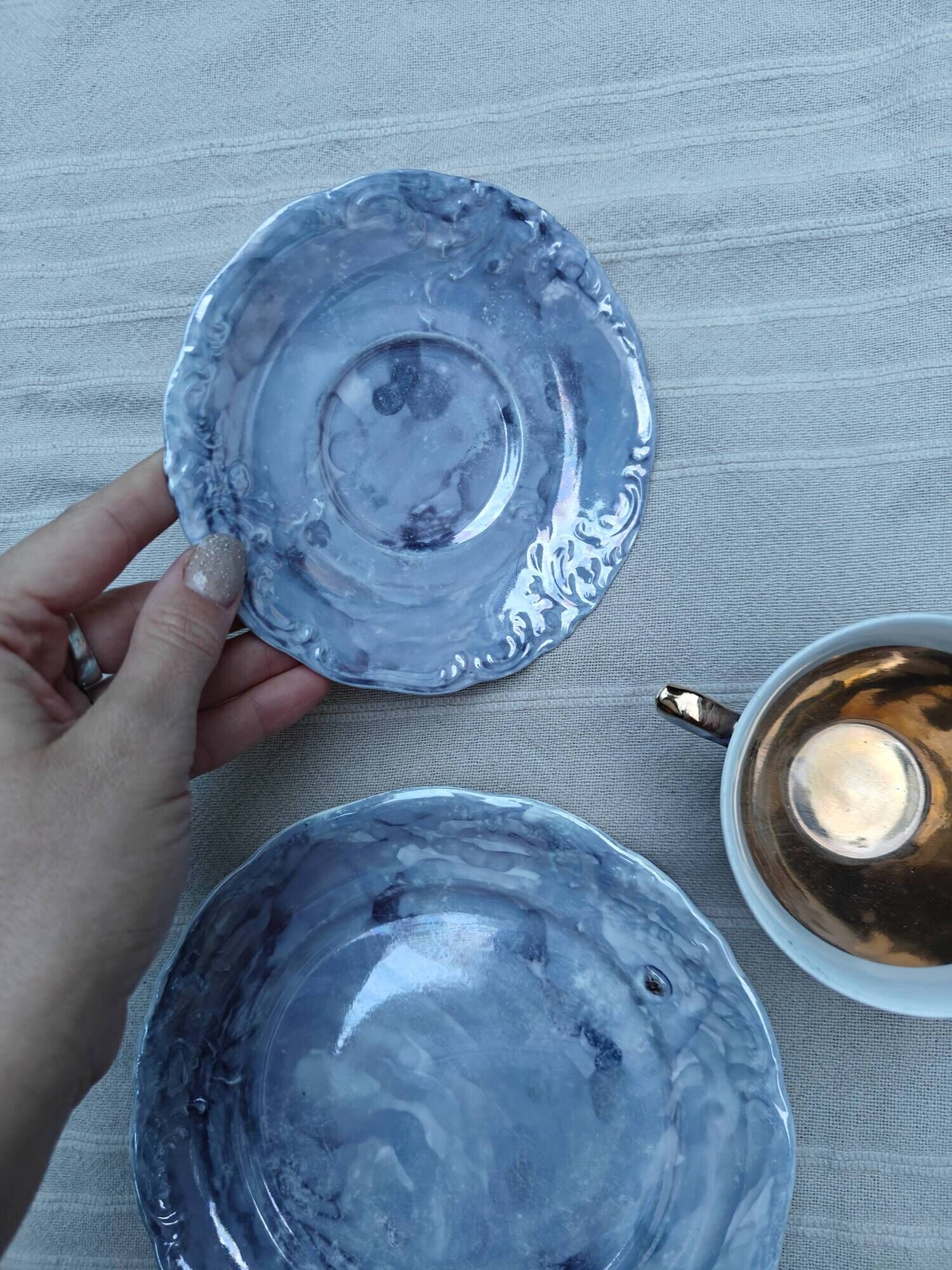 Vintage Marble Purple & Gold Interior Porcelain Coffee/Tea Trio -