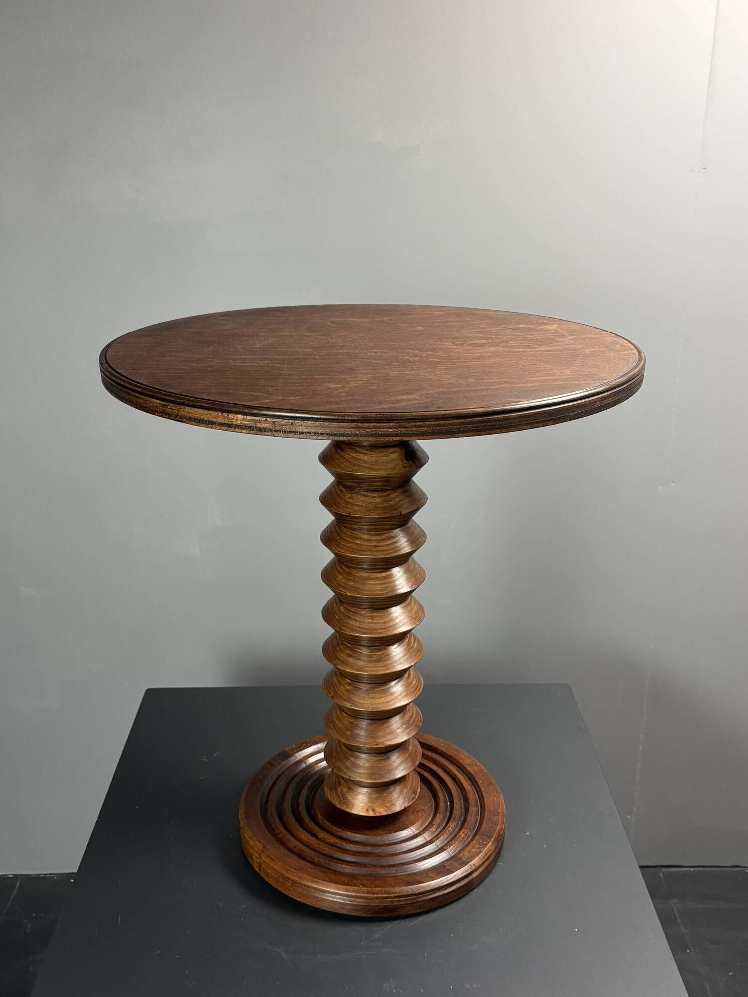 Midcentury brutalist wood turned side table, Charles Dudouyt style, 1950s