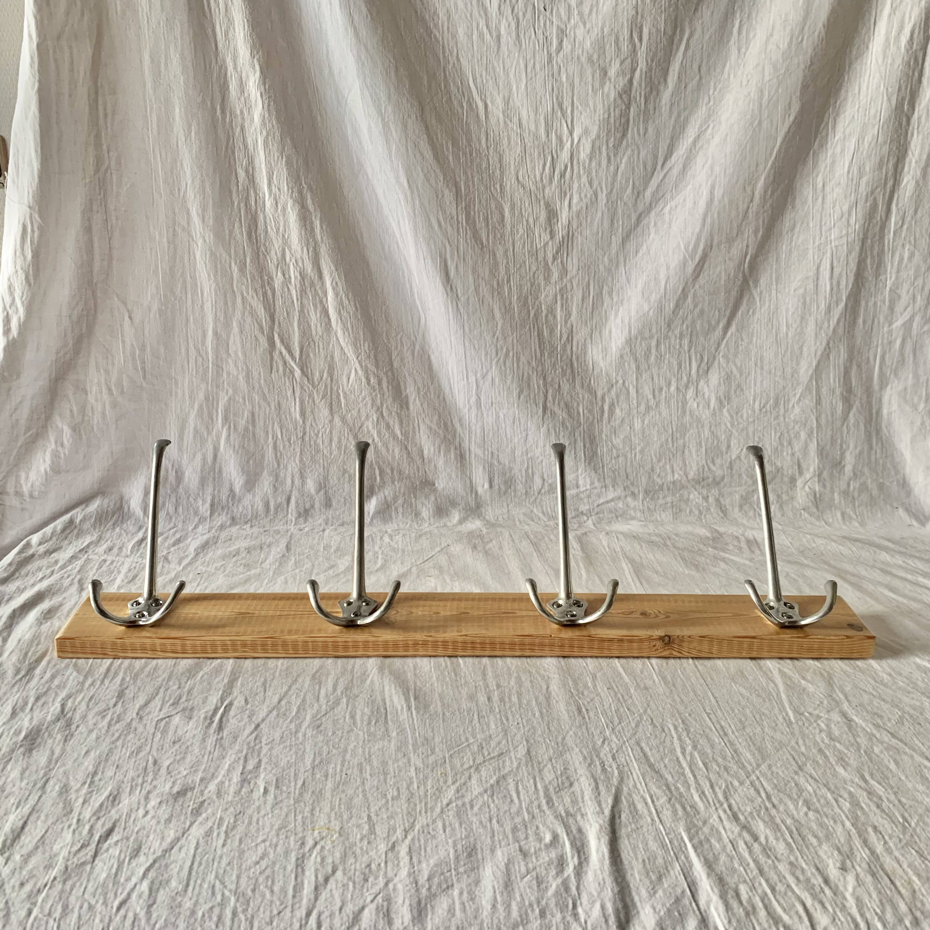 Vintage wooden coat rack - 4 cast aluminum hooks