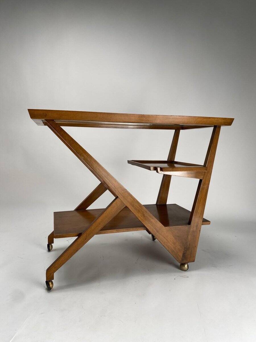 Chariot de bar en bois dans le goût de Charlotte Perriand, Italie années 1950