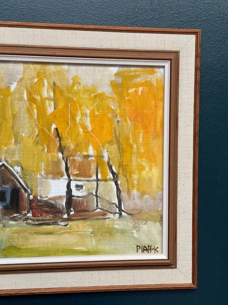 Original Swedish Oil on Canvas – "Houses and Trees in Autumn" by Pia H. Campbell