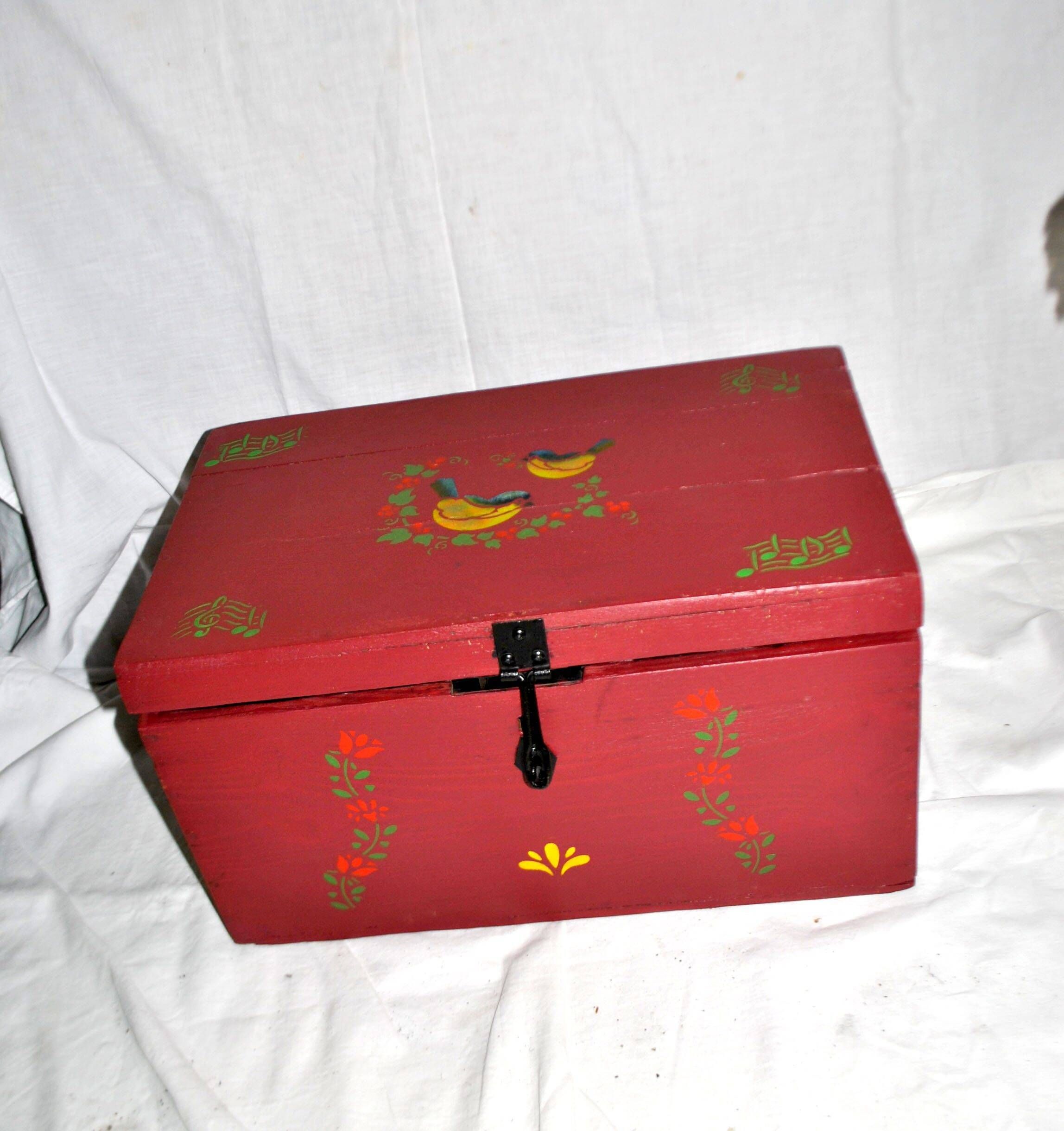 Vintage wooden trunk – toy chest or music box with painted stencil bird decoration.