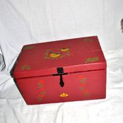Vintage wooden trunk – toy chest or music box with painted stencil bird decoration.