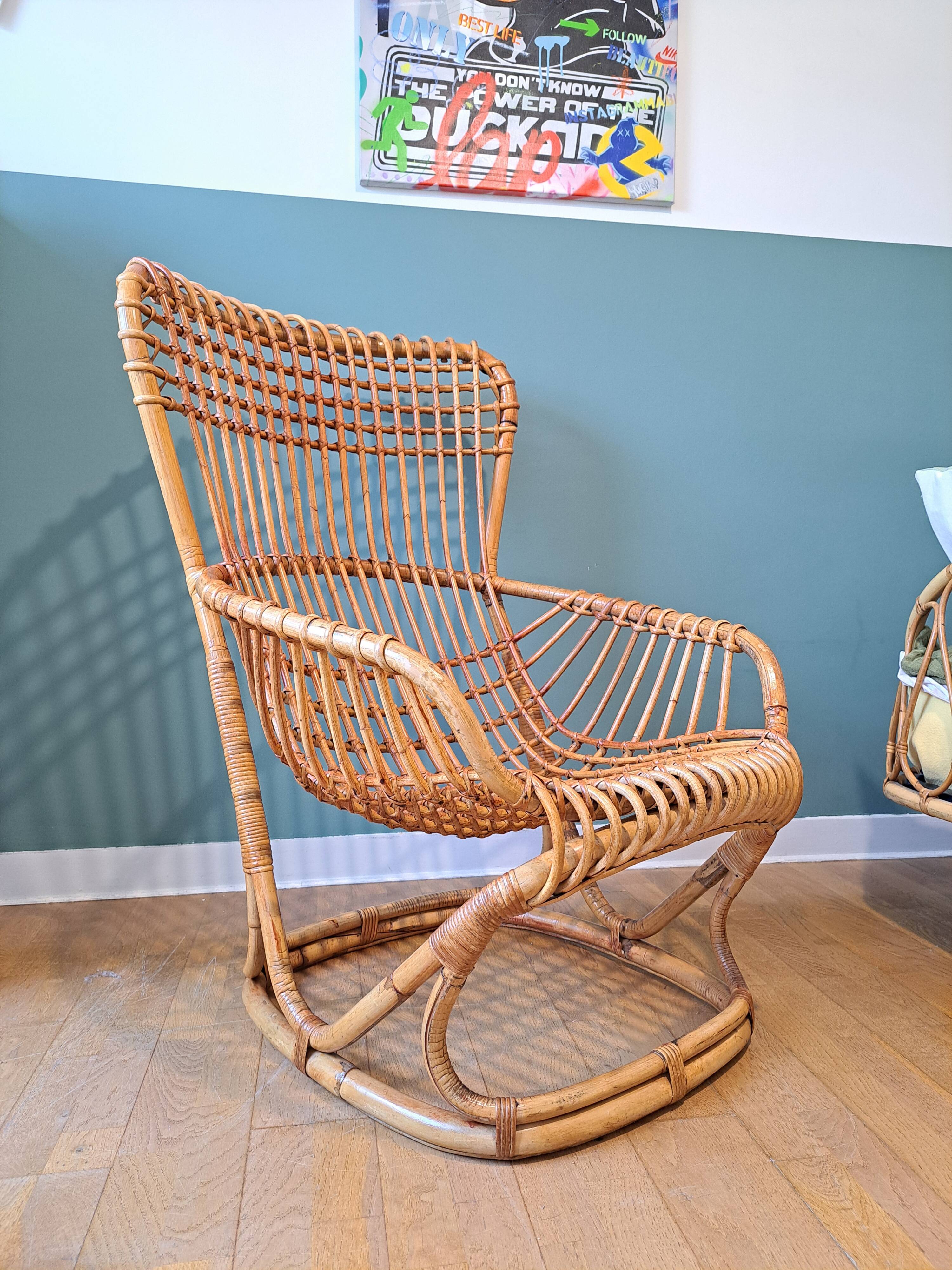 Rattan armchair by Tito Agnoli