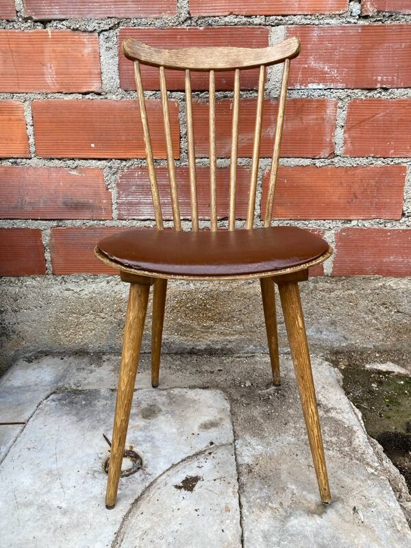 Chaise ancienne baumann western bois + assise skaï marron vintage