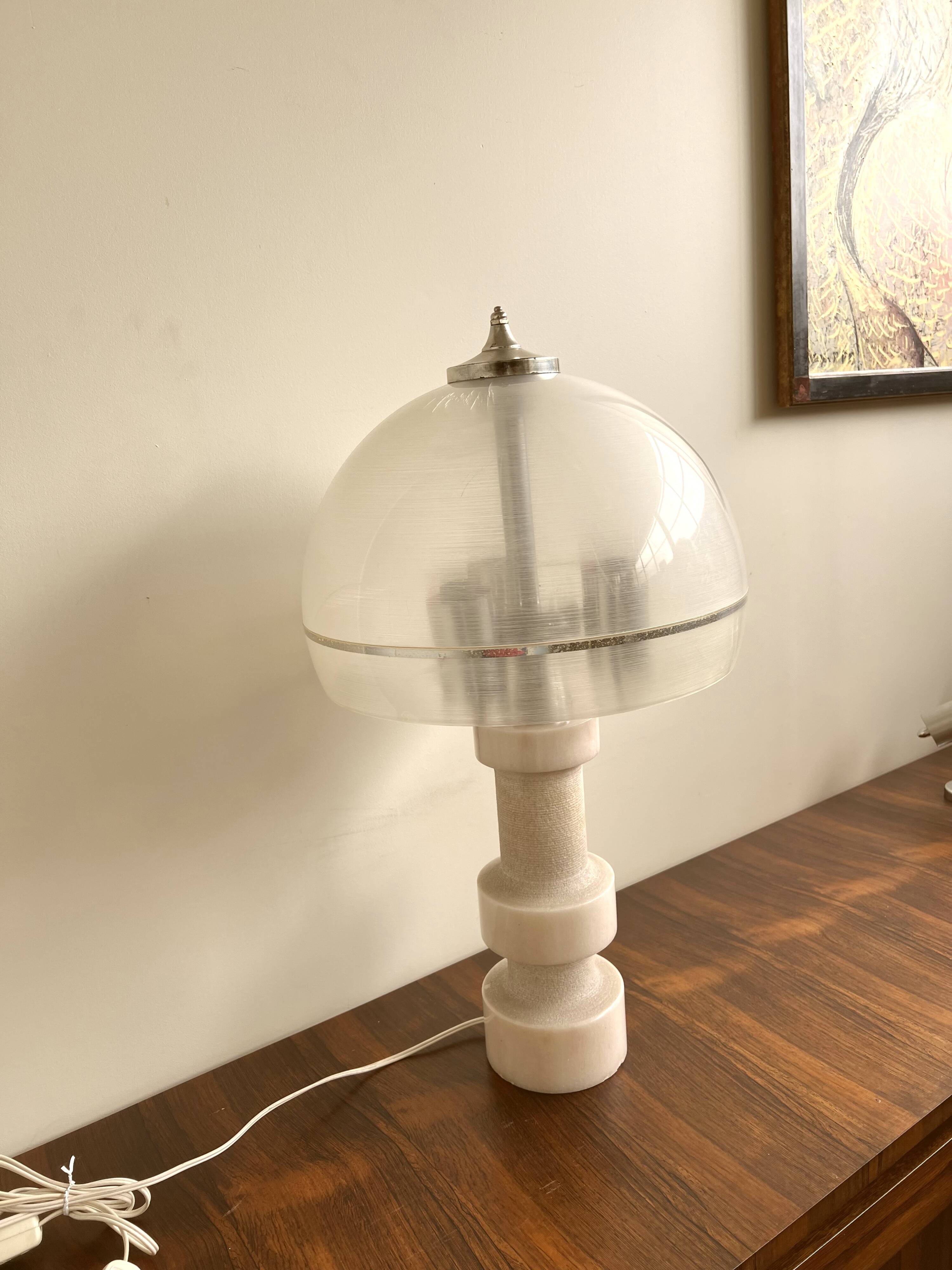 Lampe De Chevet Vintage Années 70 - Verre, Marbre Et Aluminium Doré