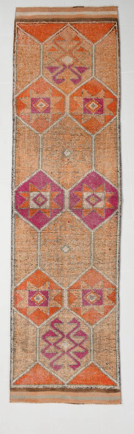 3x10 Vintage Pink & Orange Turkish Runner Rug, 88x323Cm