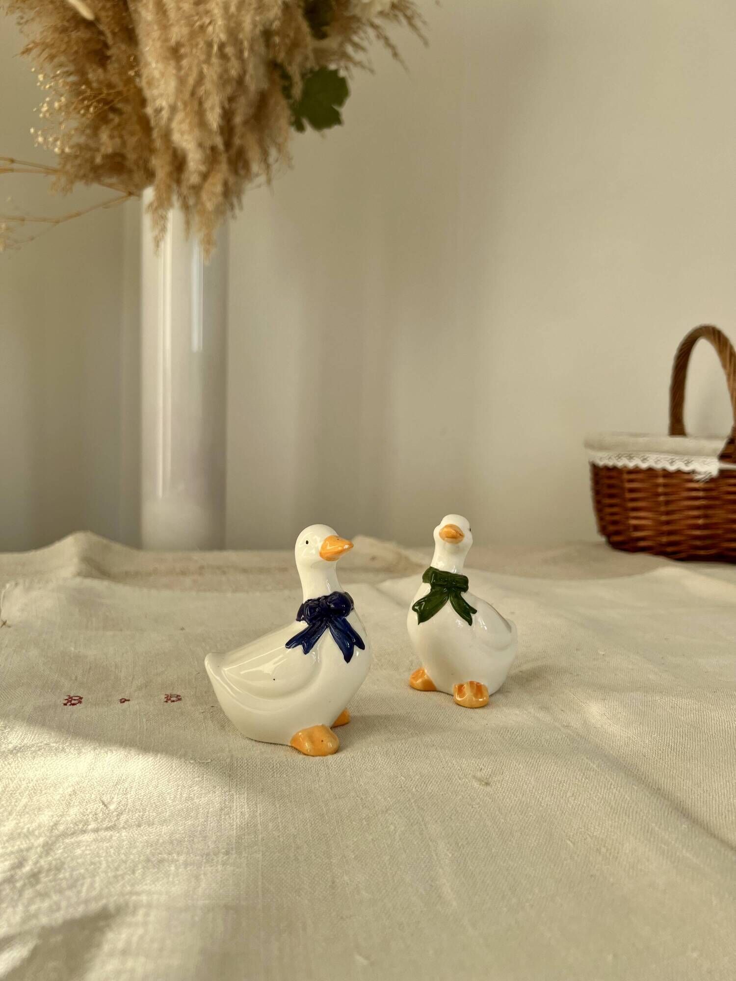 Vintage porcelain salt and pepper shaker in the shape of cottage core geese