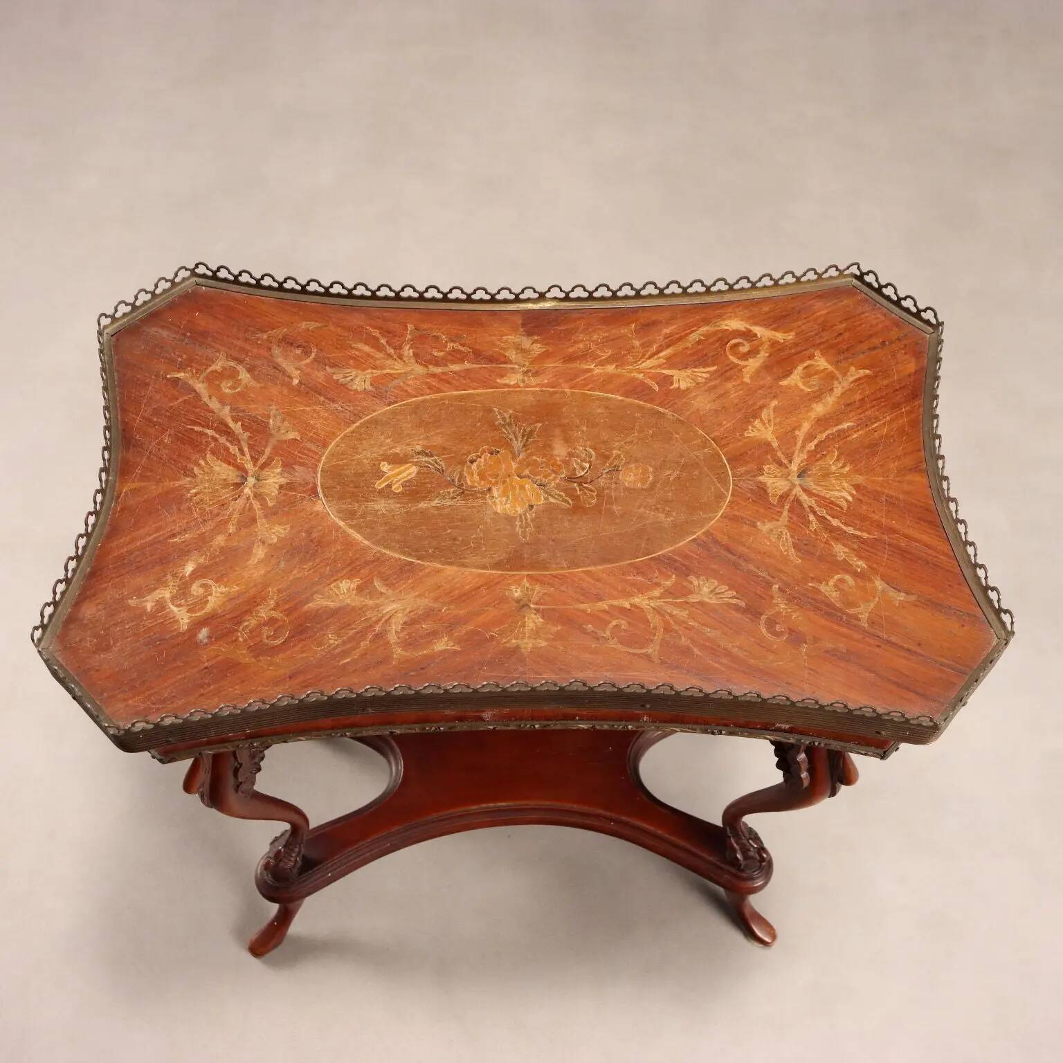 Small antique coffee table made of fruitwood and rosewood, 20th century.
