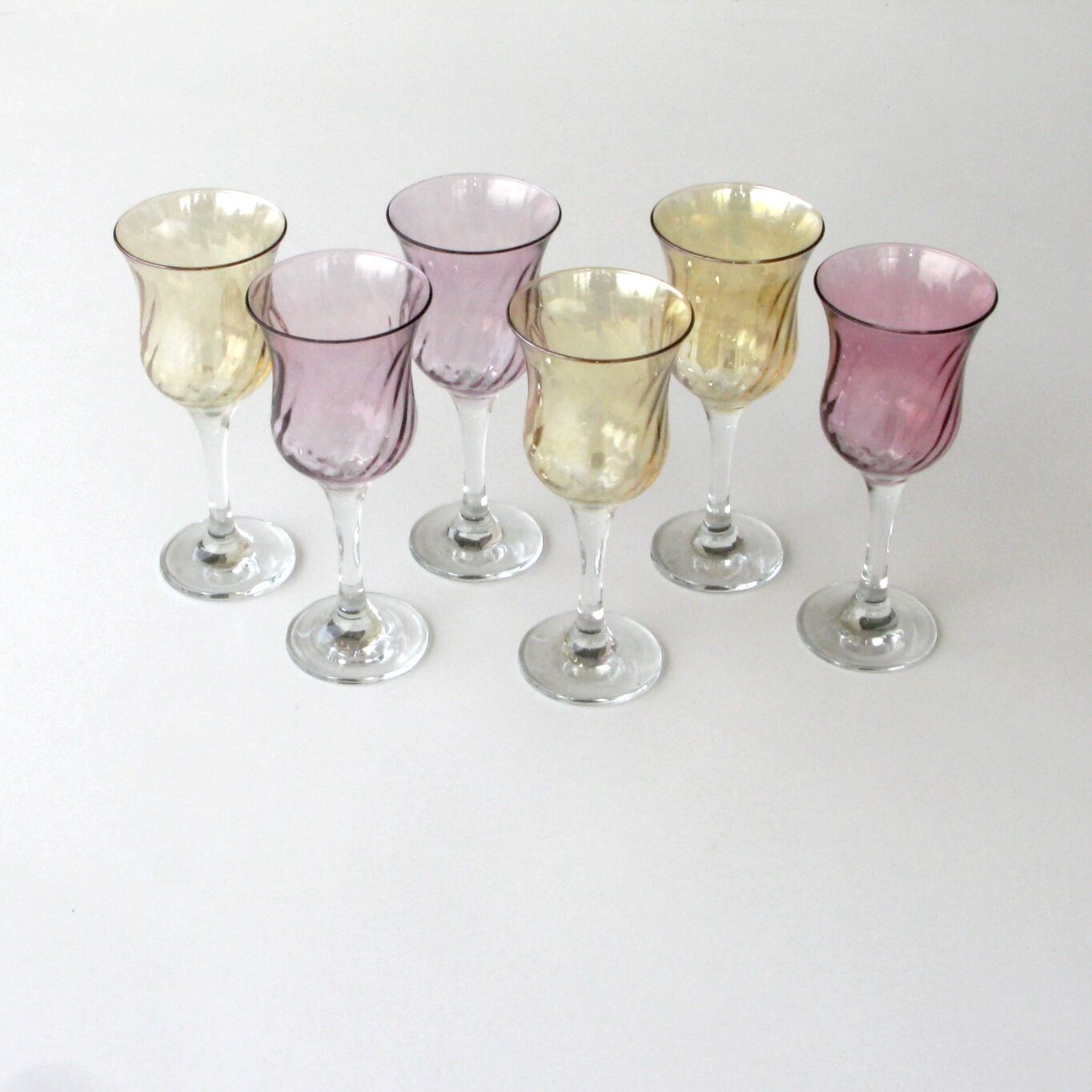 6 old pearlescent iridescent foot glasses - Old pink and amber