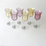 6 old pearlescent iridescent foot glasses - Old pink and amber