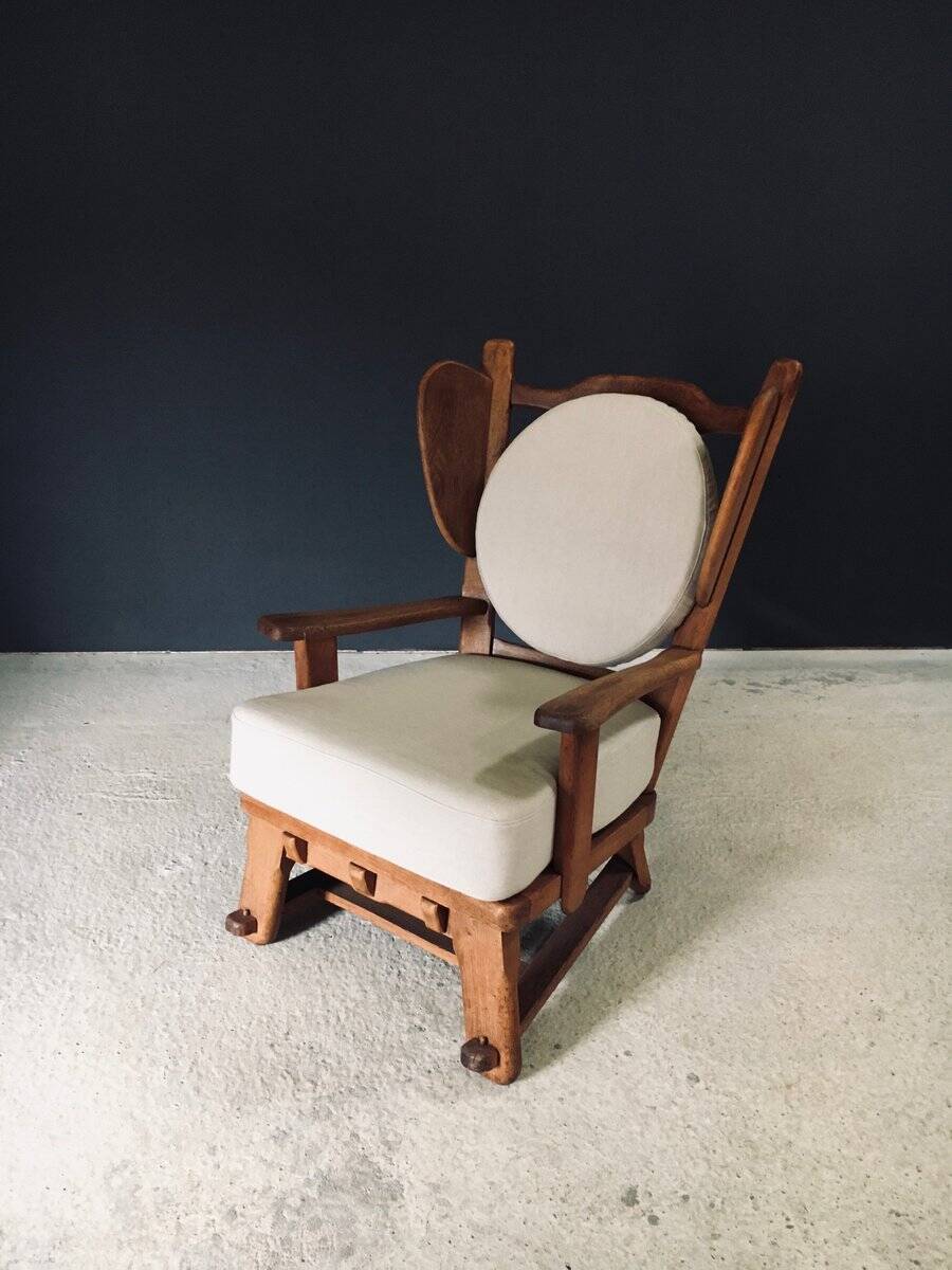 Brutalist Oak Wingback Lounge Chair, Netherlands, 1950s