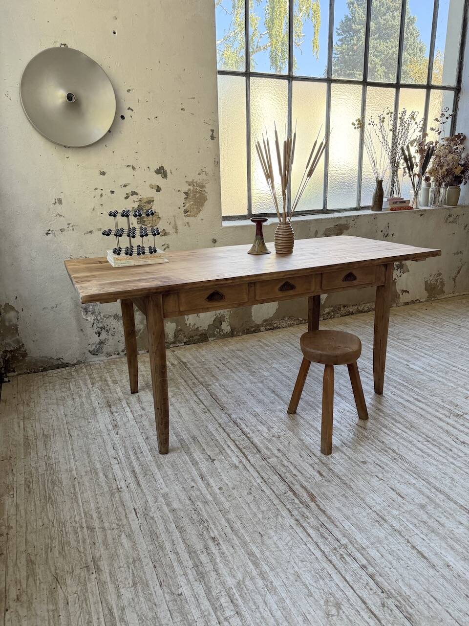1950s pine and oak farmhouse table with multiple drawers