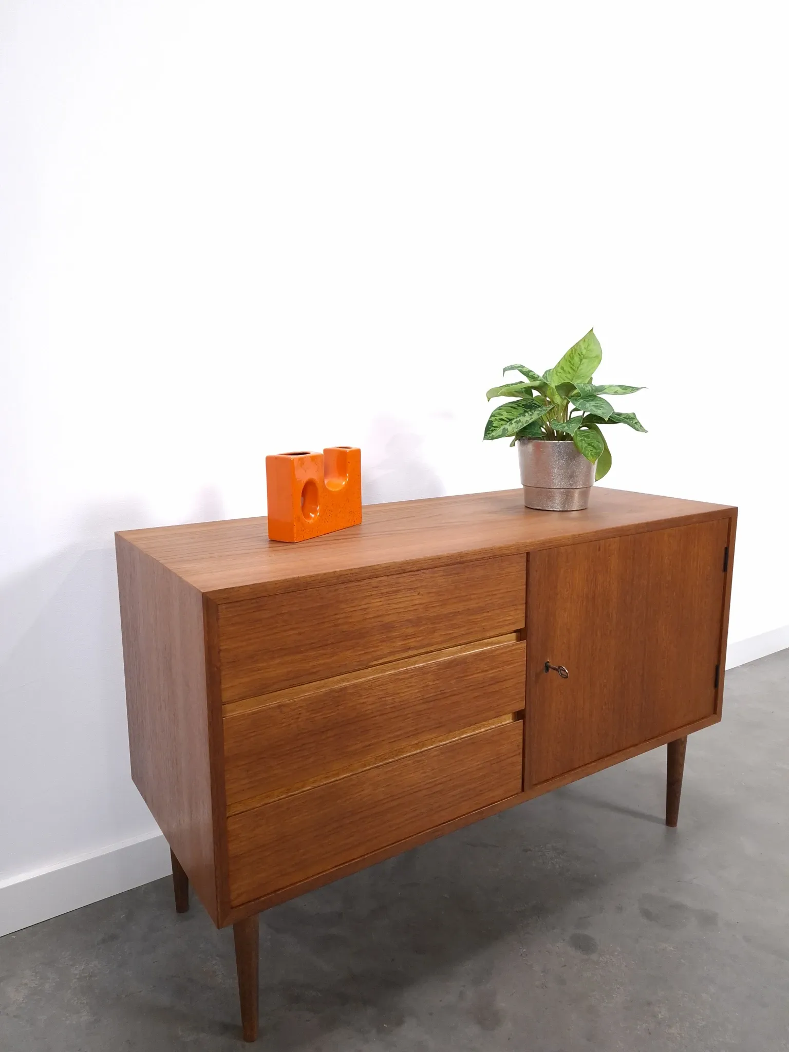 Vintage teak cabinet from the 1960s, sideboard with 3 drawers and a door.