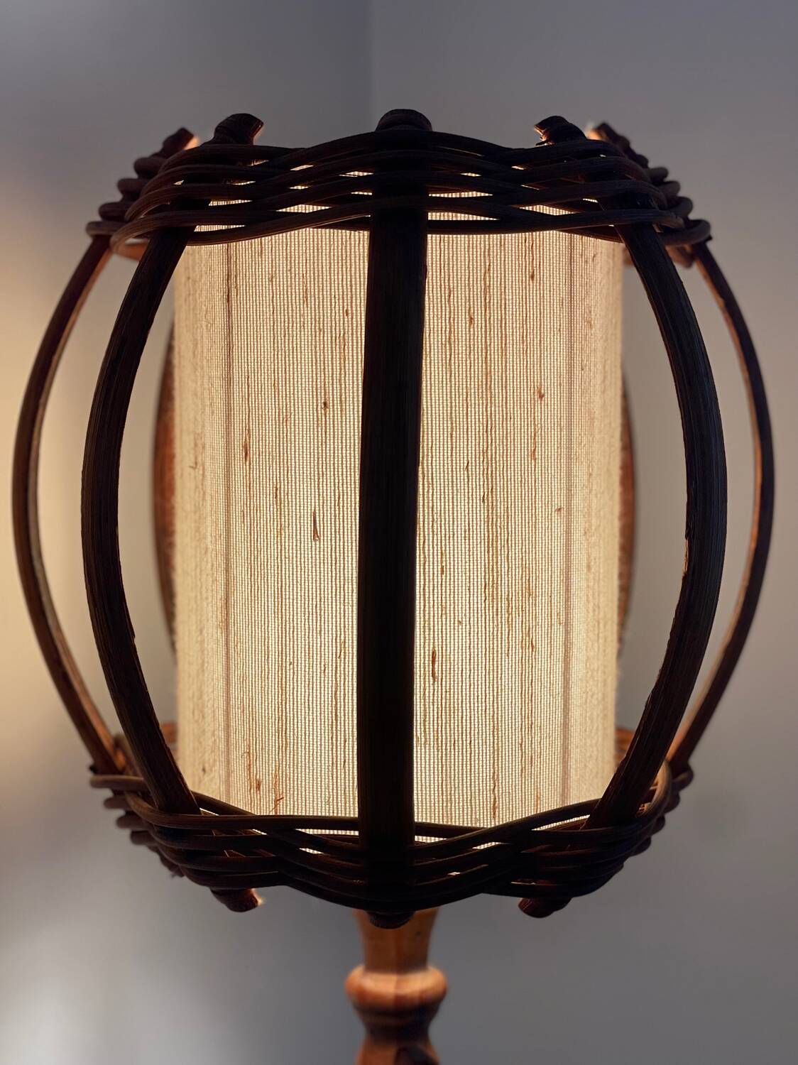 Turned wood lamp.