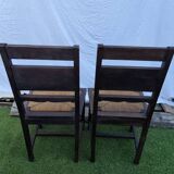 Pair of Vintage Chairs in Carved Wood and Woven Straw Seat - Style