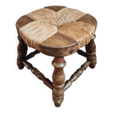 Vintage beechwood stool with straw seat – France, 1950s