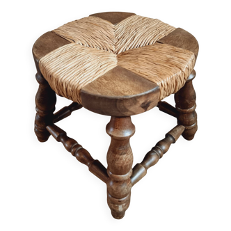 Vintage beechwood stool with straw seat – France, 1950s