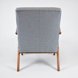 Fauteuil original restauré compas années 1960 velours bleu, pied de poule