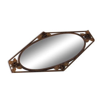 Art Nouveau mirror with rose flower motif in metal and beveled mirror