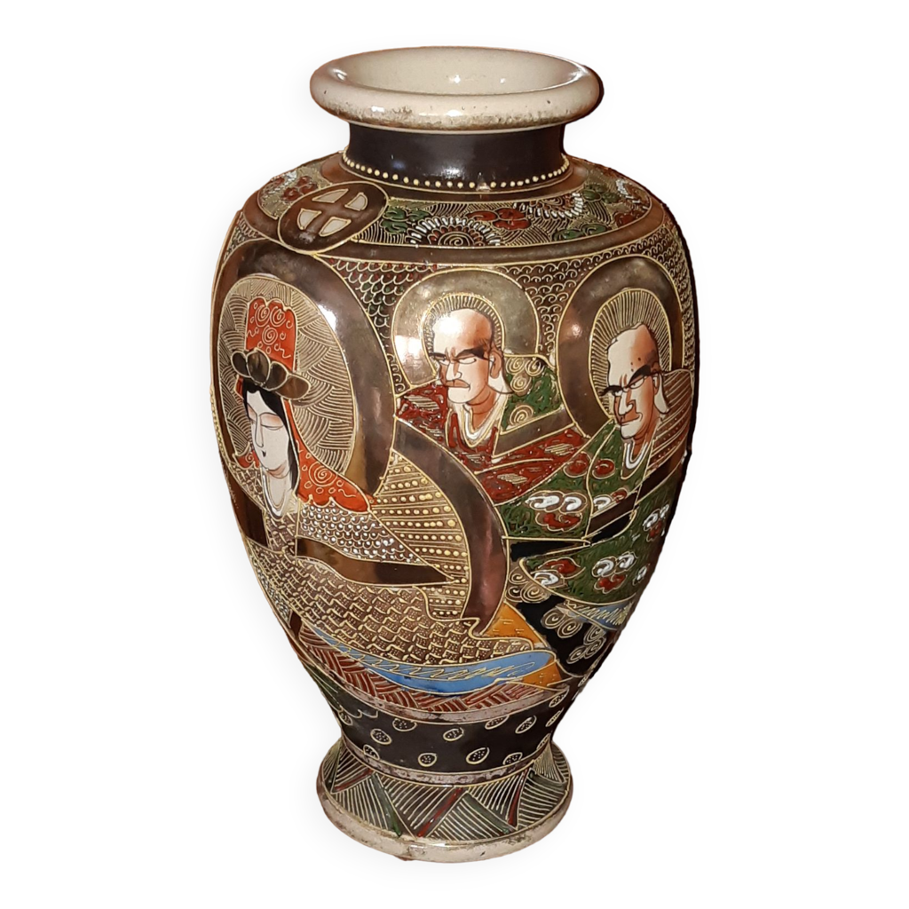 Grand vase Japonais Satsuma signé à décors de Geishas et de Samouraïs |  Selency