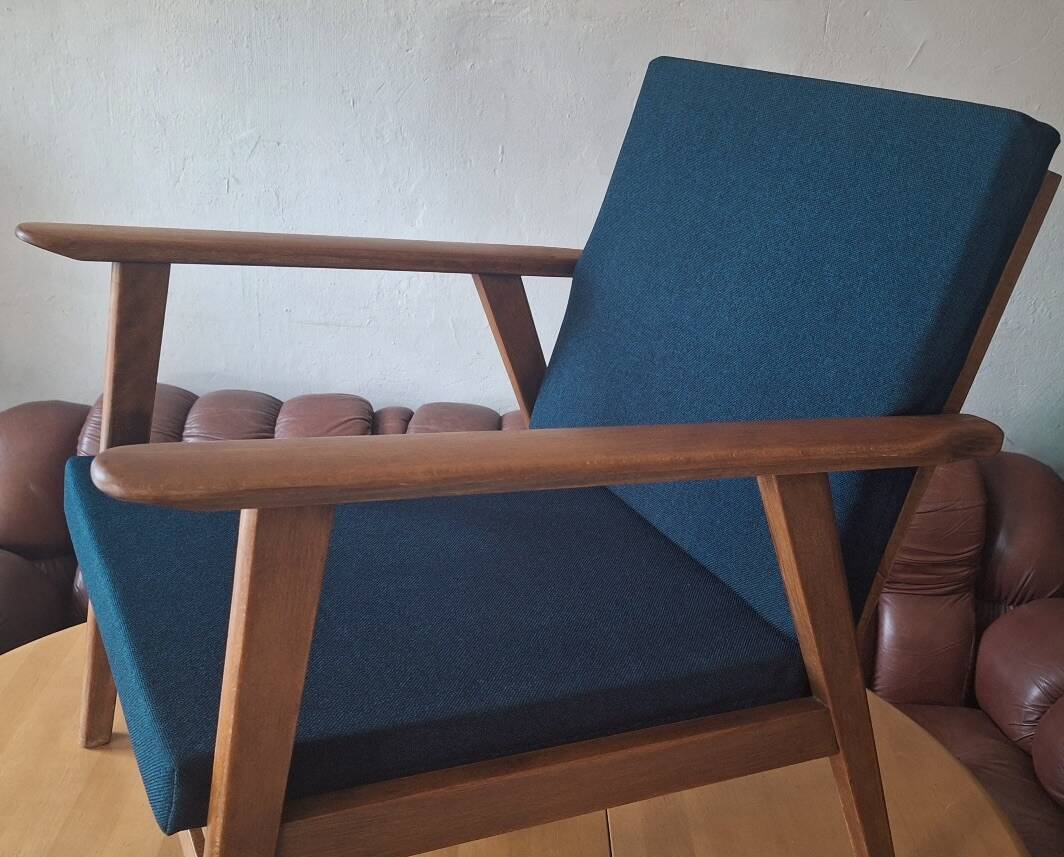 Danish teak lounge chair with sea blue-green fabric, 1960s