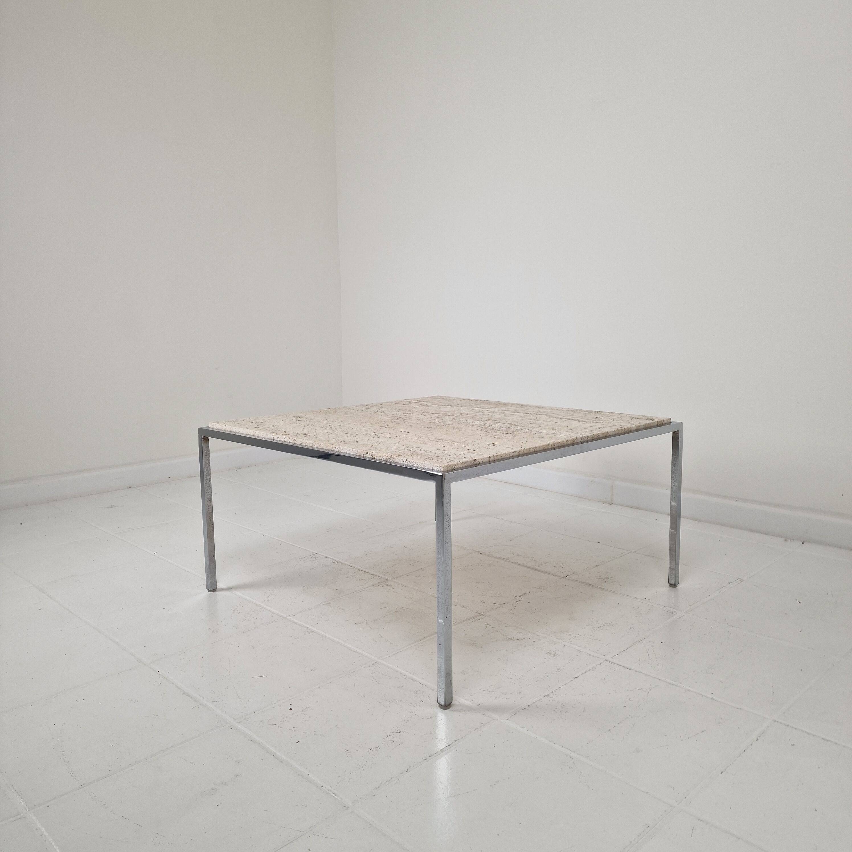 Italian Square Travertine Coffee Table with Steel Base, 1980's