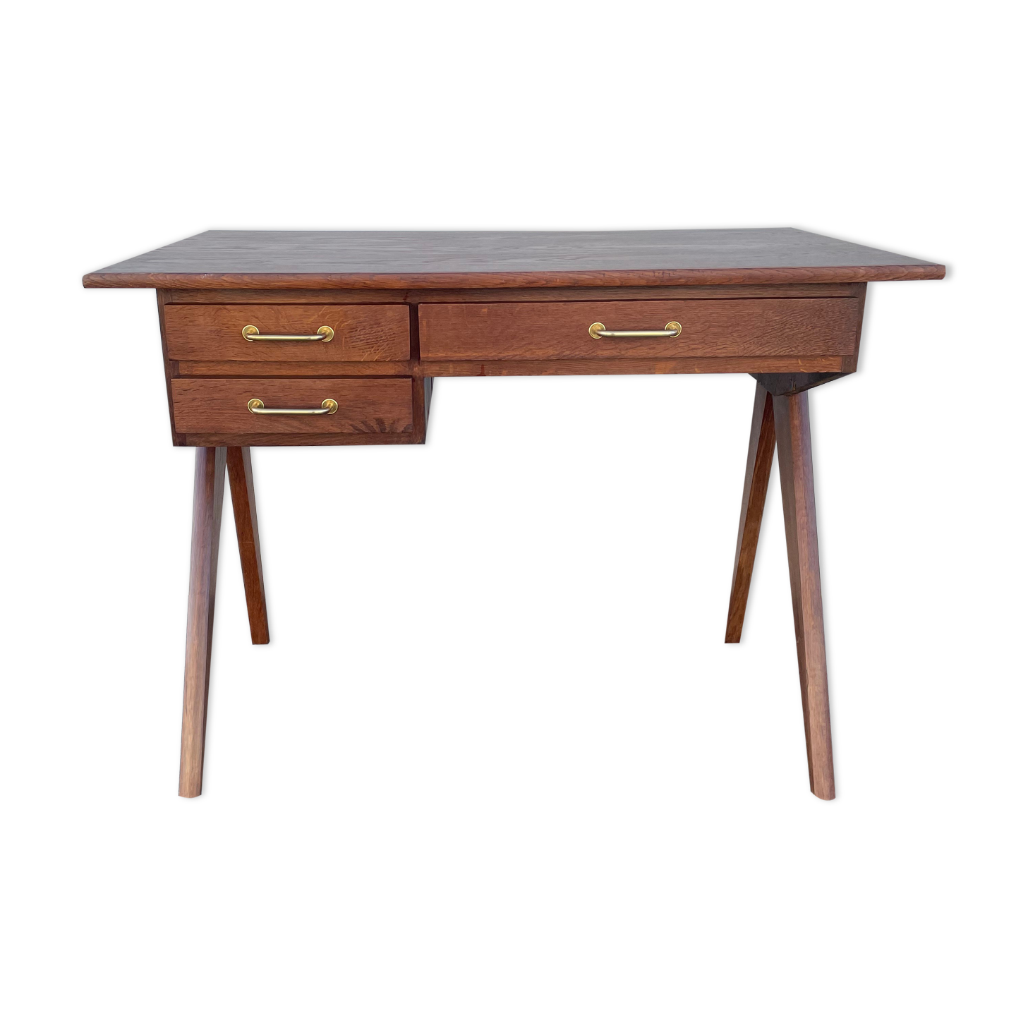 Modernist wooden desk with compass feet 1950