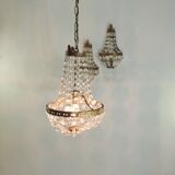 Antique crystal chandelier with 2 wall sconces – Vintage milk pendant