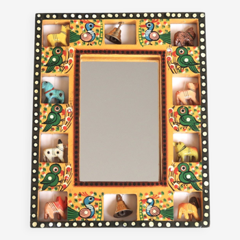 Indian painted wooden mirror with animals and bells