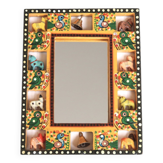 Indian painted wooden mirror with animals and bells
