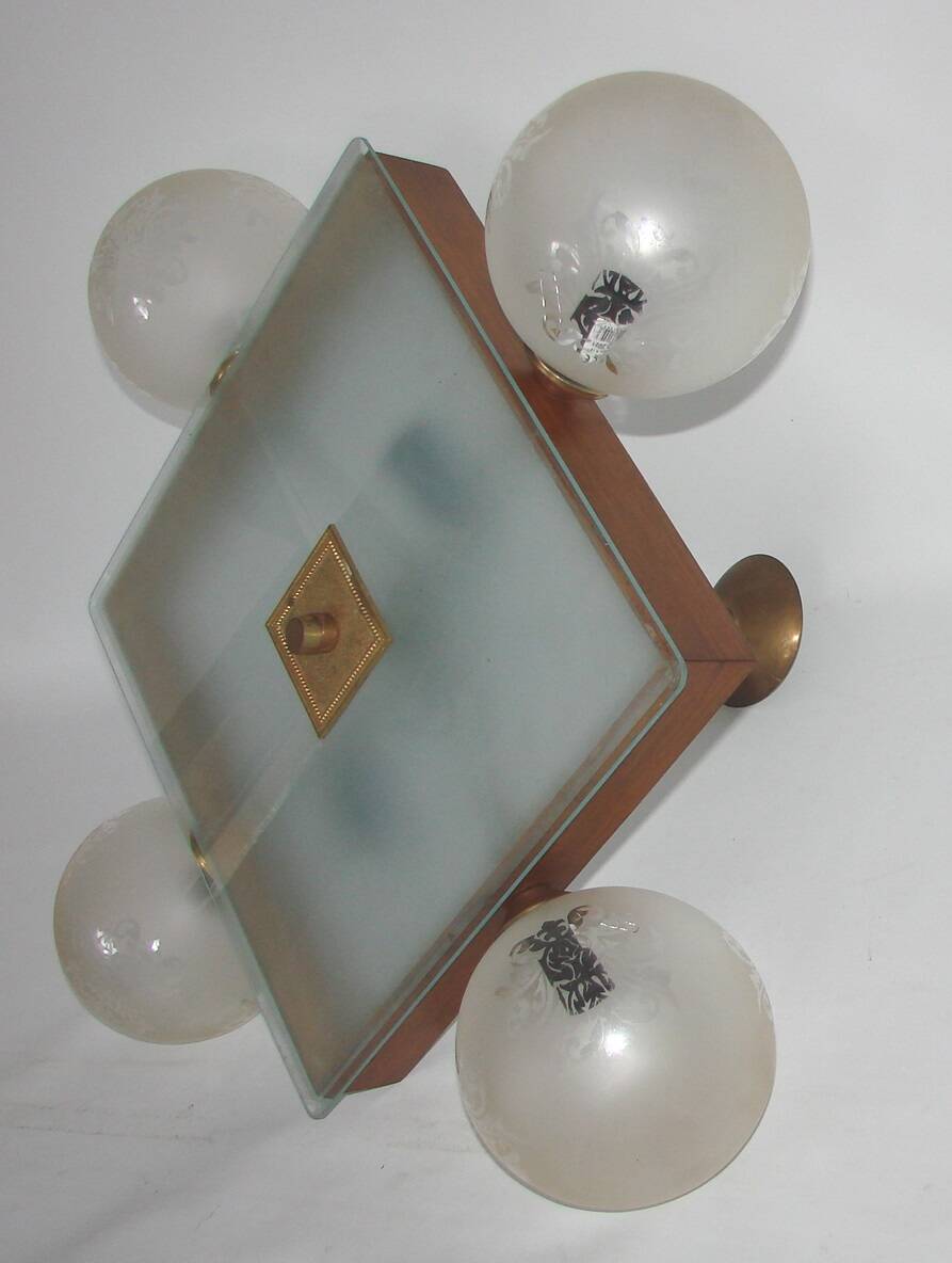 Mid-century vintage chandelier, 1950s, brass, wood and frosted glass, 4x E1