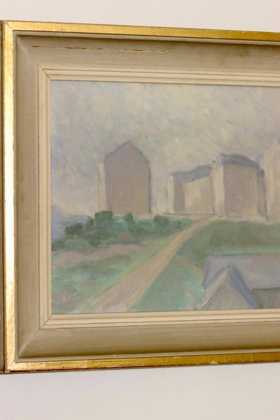 Original Swedish oil painting on canvas "Silent Houses" – vintage and framed