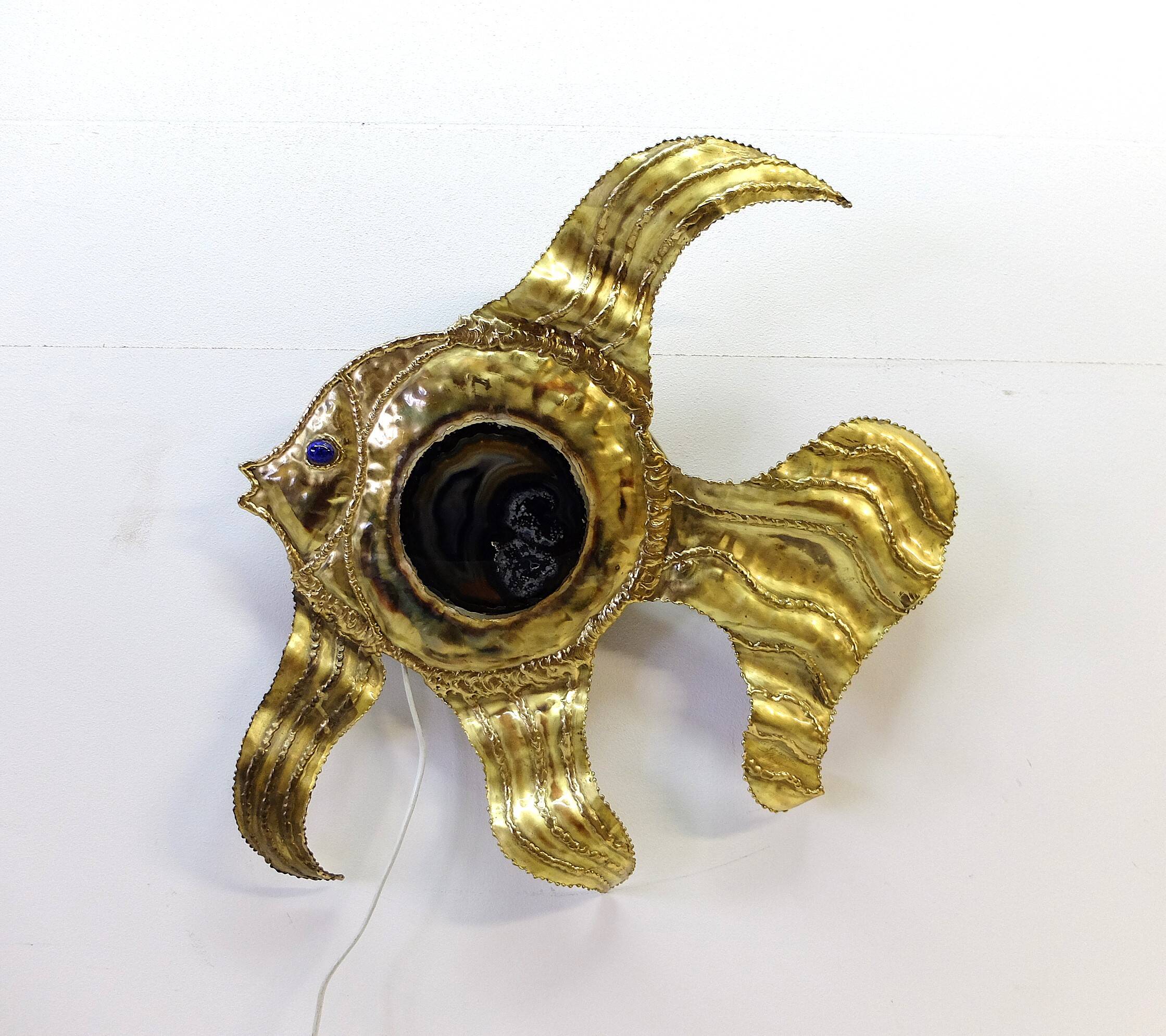 Henri Fernandez, Brass Fish Wall Lamp, Signed