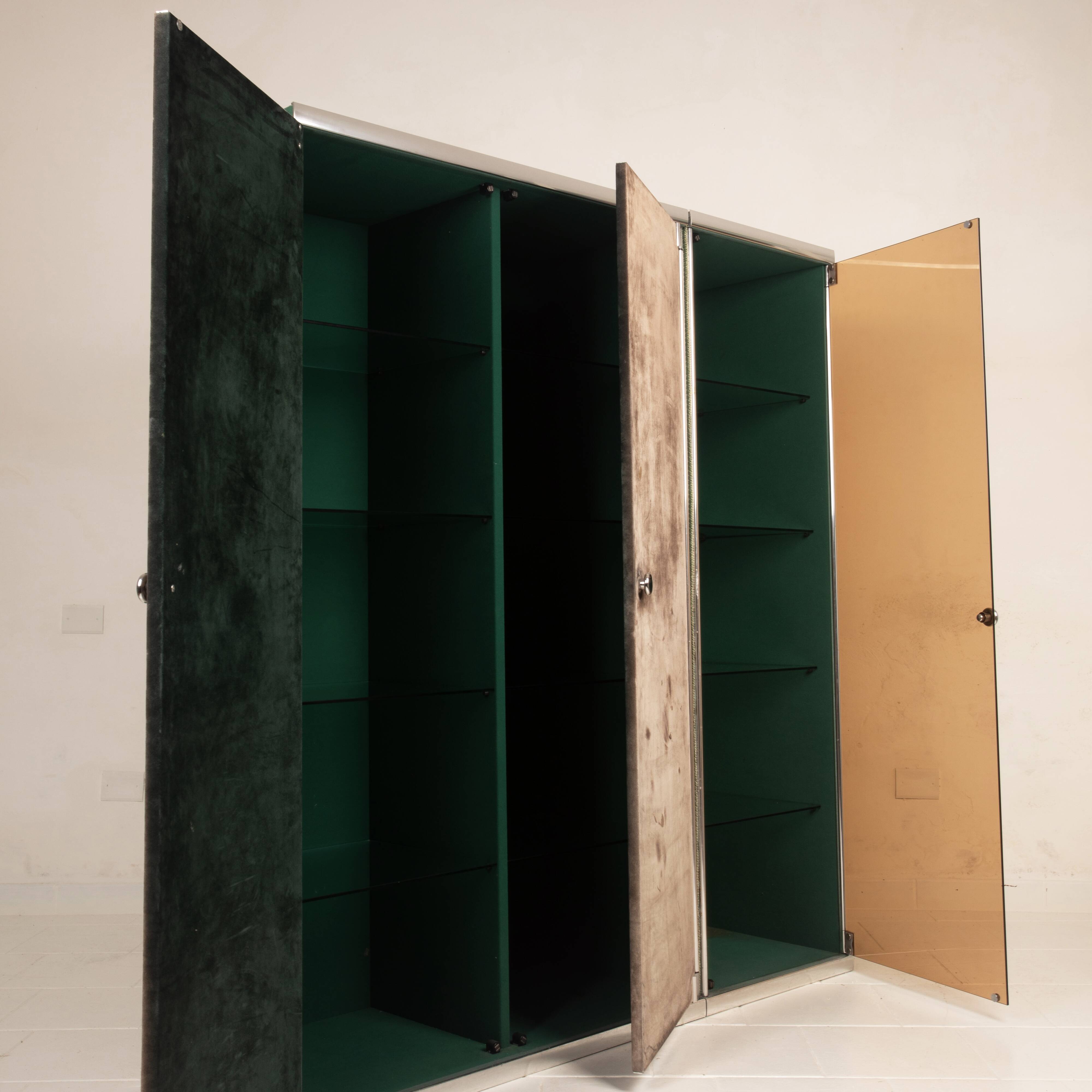 Guido Falsechini Hermès Smoked Glass and Suede Cabinets for i4 Mariani 1970