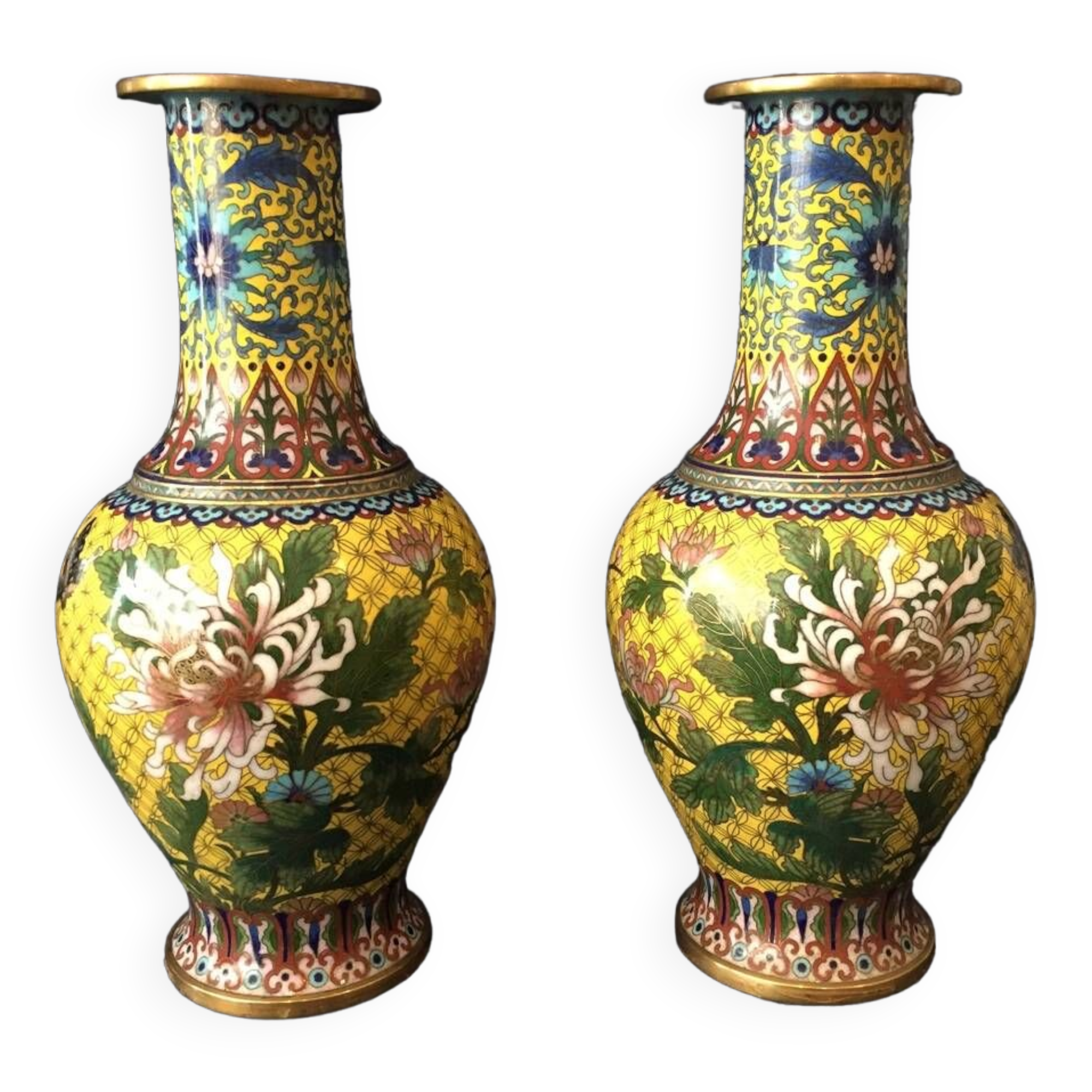 Pair of cloisonne enamel vases with japanese floral decor