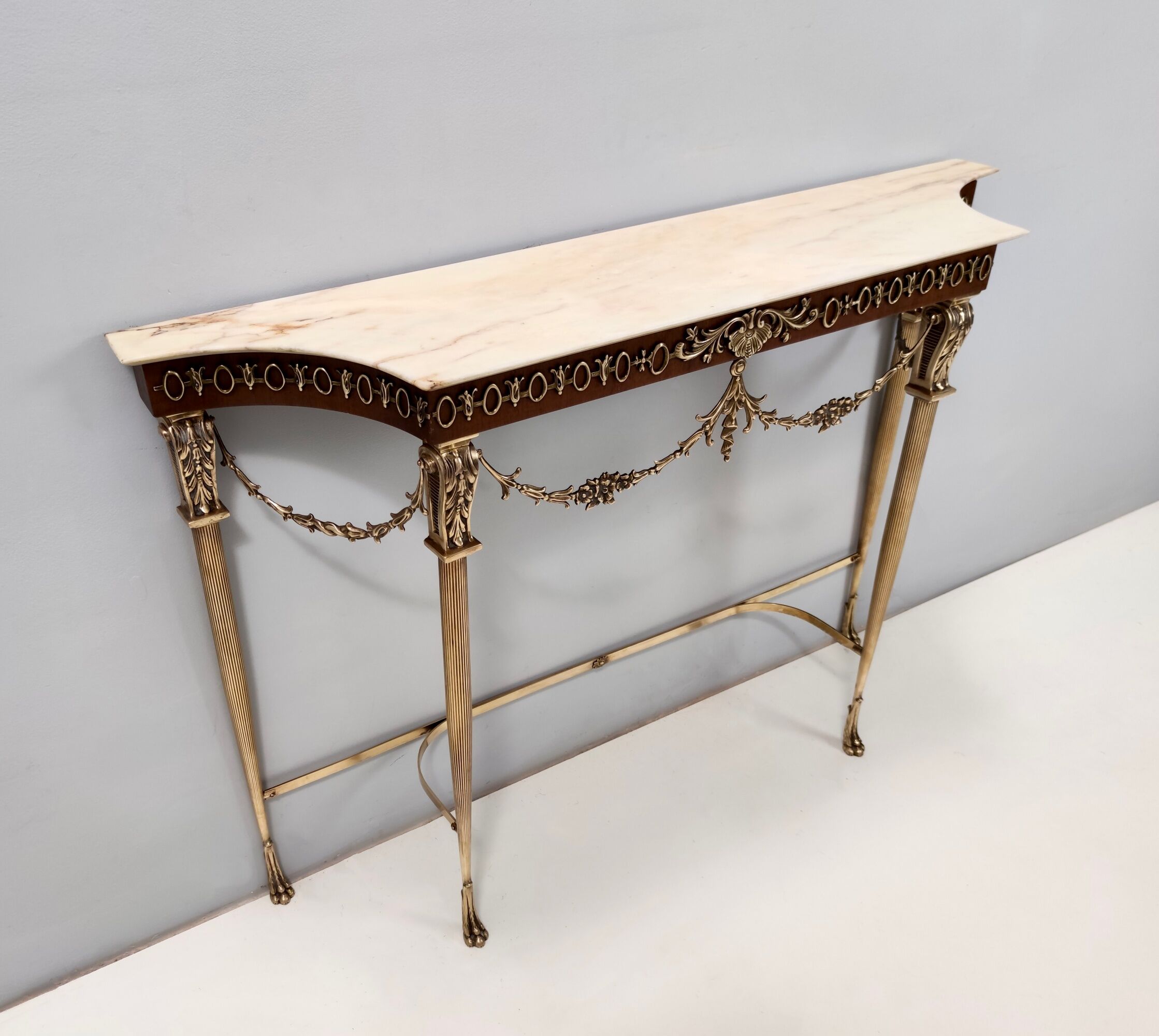 Vintage walnut console with a portuguese pink marble top and brass frame, italy