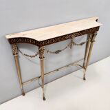 Vintage walnut console with a portuguese pink marble top and brass frame, italy