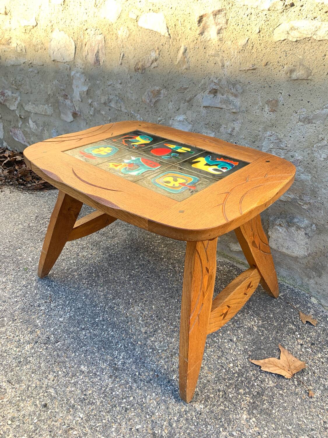 1950s coffee table in oak and ceramic tiles