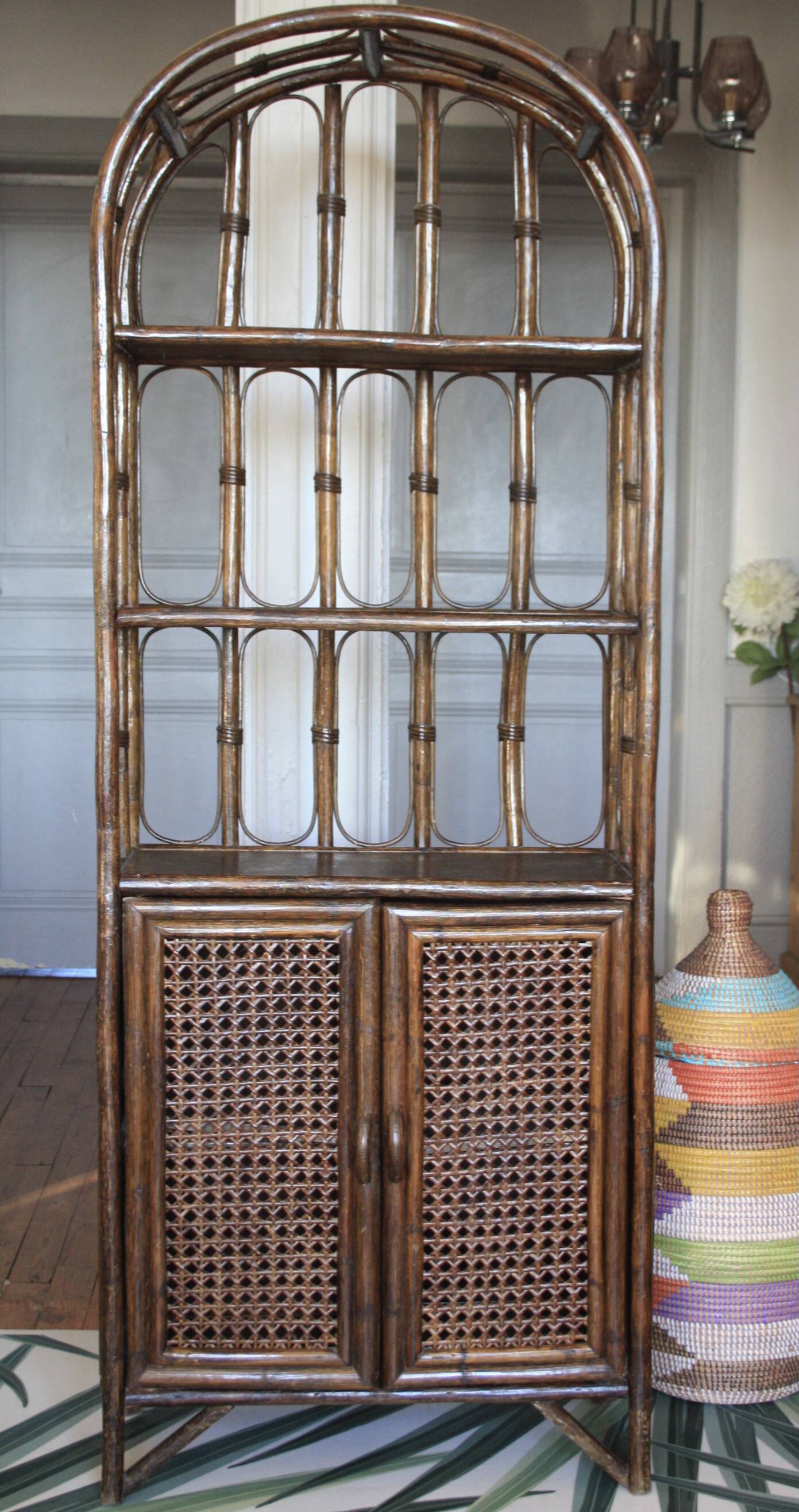 Rattan, cane and bamboo shelf/bookcase